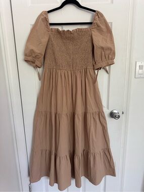 Mod Ref 100% Cotton Camel Smocked Square-Neck Midi Dress